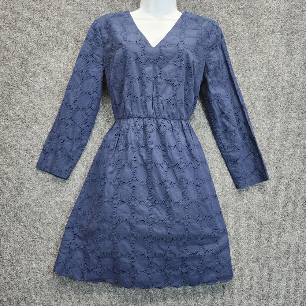 J.Crew Circle Eyelet V-Neck Long Sleeve Cotton Fit Flare Mini Dress Women 4